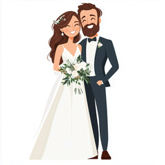 Just married happy couple, cartoon style. Isolated on white, cut out.