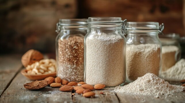 A close-up of assorted flours in glass jars, including whole wheat, almond, and coconut flour, set against a rustic wooden table backdrop, emphasizing the beauty of baking ingredients.