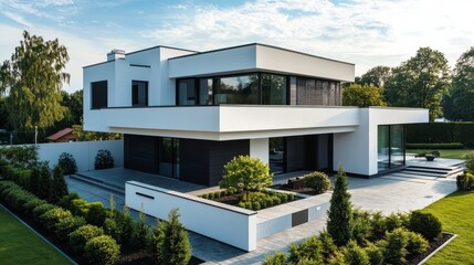 Fototapeta premium A contemporary white house with modern architecture in a suburban neighborhood in Poland.