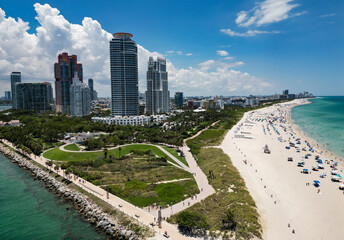 Miami beach, ocean drive summer cityscape. Miami Beach, South Beach, Florida, USA. Coastline, aerial view. Aerial view of high skyscrapers and ocean, Miami Beach, Florida, United States.