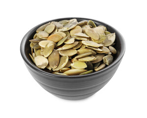 Peeled pumpkin seeds in bowl isolated on white
