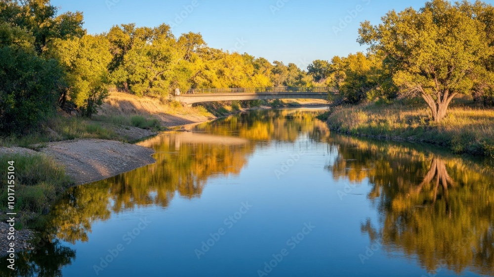 Wall mural Bridge Over a River with Autumn Trees Reflecting in the Water