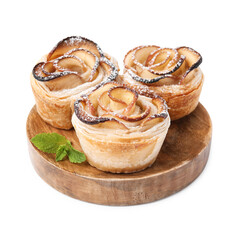 Fototapeta premium Freshly baked apple roses with mint isolated on white
