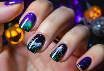 Halloween-themed nail art with ghost designs and gradient colors, festive mood