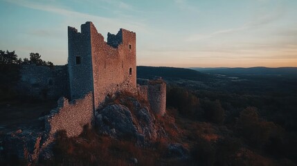 Obraz premium Ruined Stone Tower on a Hilltop at Sunset