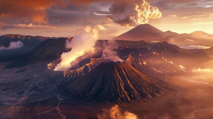 Dramatic Volcanic Eruption in Stunning Mountainous Landscape at Sunset