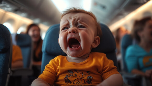 Crying baby on airplane, highlighting discomfort and stress during flights.