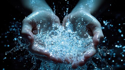 Fototapeta premium Water trickling through open hands, with the liquid sparkling as it falls, symbolizing purity and life
