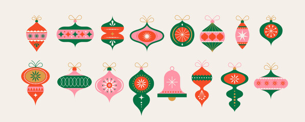 Christmas ornaments in modern minimalist geometric style. Merry Christmas colorful illustration in flat cartoon style. Xmas backgrounds with abstract patterns, stars