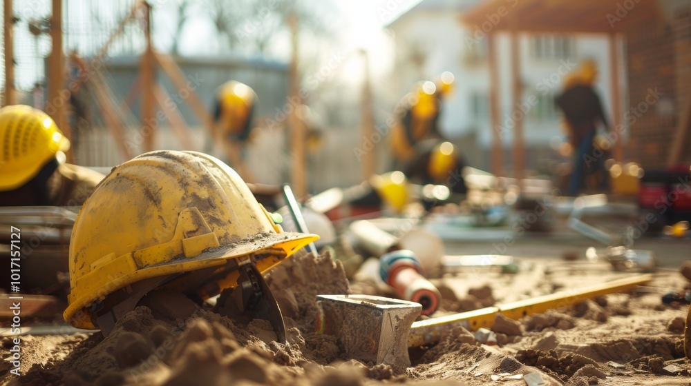 Aufkleber a repair team is actively engaged in construction work, utilizing tools and materials for site impro