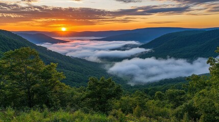 Sunrise Over Fog-Filled Mountain Valley