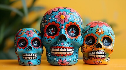 A vibrant and joyful family gathering celebrating Day of the Dead, featuring colorful sugar skulls and festive decorations, perfect for event invites and cultural promotions.
