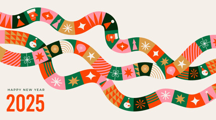 Fototapeta premium Merry Christmas and Happy New Year modern abstract minimalist geometric style. Christmas colorful illustration in flat cartoon style. Xmas backgrounds with patterns