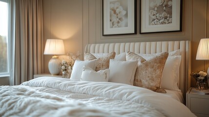 A stylish bedroom with circus-inspired table lamps, featuring a striped base and a clown-like ornamented lampshade