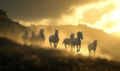 Herd of horses galloping over a hill