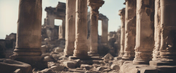 Broken columns and stone ruins in destroyed ancient temple