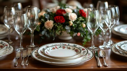Fototapeta premium An elegant dinner table set with circular, ornamented plates featuring floral or geometric designs
