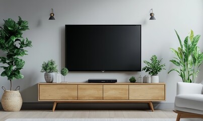 Home interior with TV screen and console table with decor, white sofa