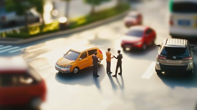 Modellini raffigurano un incidente stradale con discussione tra assicuratori e automobilisti, rappresentando il processo post-sinistro urbano e la negoziazione.
