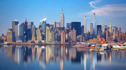 Naklejka premium New York, United States. Manhattan's Midtown skyline, New York City. NYC, NY, Manhattan, USA. large American city. The skyline of Lower Manhattan. New Jersey to New York. Blue sky over downtown 