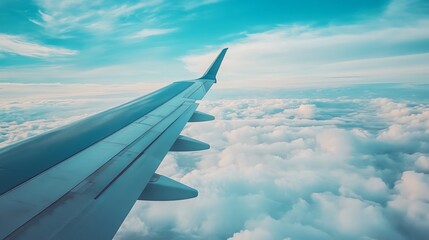 Fototapeta premium Wing of a contemporary airplane traveling across a cloudy, blue sky..
