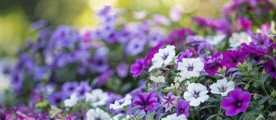 Obraz premium Purple and White Flowers in a Garden on a Hill