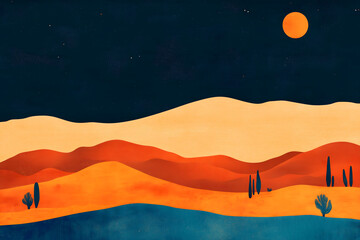 Desert Dusk Vector in Paper-Cut Style with Orange and Blue Tones