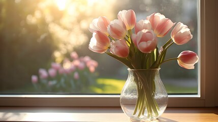 tulipany, kwiaty, wazon, szkło, okno, drewniany parapet, naturalne światło, wiosna, przyroda, ogród, pastelowe kolory, różowy, biały, świeżość, kwiaty w wazonie, minimalizm, prostota, naturalne piękno