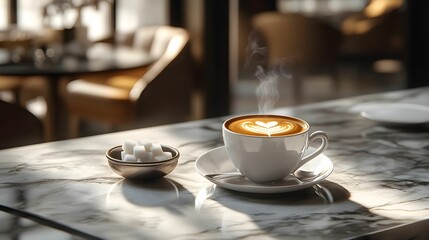 espresso, kawa, filiżanka, kawa na marmurze, minimalistyczna kawiarnia, nowoczesny design, kawa z pianką, elegancja, srebrna łyżeczka, cukier, kostki cukru, neutralne tło, przytulność, ciepło, nap&oacute;j, 