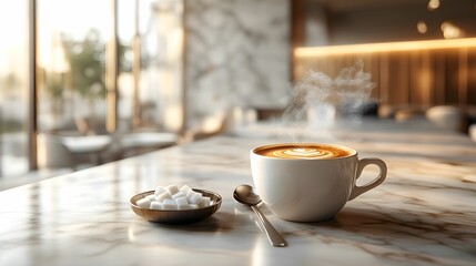espresso, kawa, filiżanka, kawa na marmurze, minimalistyczna kawiarnia, nowoczesny design, kawa z pianką, elegancja, srebrna łyżeczka, cukier, kostki cukru, neutralne tło, przytulność, ciepło, napój,  © Eliza