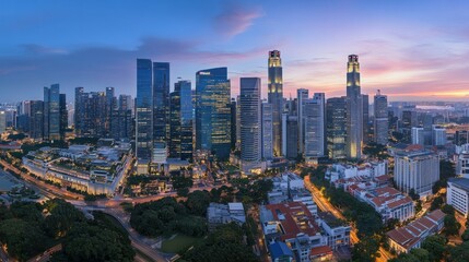 Obraz premium Aerial View of Singapore's Skyline at Dusk with Illuminated Buildings