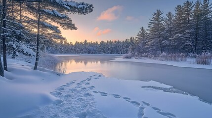krajobraz zimowy, zima, śnieg, drzewa iglaste, las, jezioro zamarznięte, świt, śnieżny krajobraz, śnieg na drzewach, zimowy poranek, złote światło, zwierzęta, ślady na śniegu, spokój, cisza, natura, z