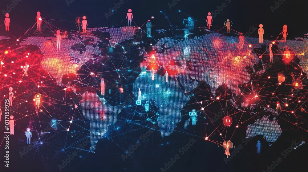 Wall mural Global Network of Connected Individuals Represented by Stick Figures Over a World Map