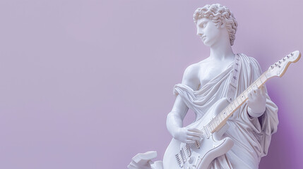Ancient old Greek God statue playing electric guitar on purple background