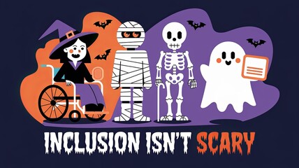 Inclusive Halloween Illustration Featuring Diverse Characters with Disabilities - 'Inclusion Isn't Scary' Message GenerativeAI