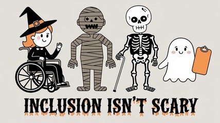 Inclusive Halloween Illustration Featuring Diverse Characters with Disabilities - 'Inclusion Isn't Scary' Message GenerativeAI