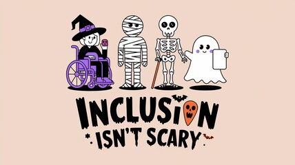 Inclusive Halloween Illustration Featuring Diverse Characters with Disabilities - 'Inclusion Isn't Scary' Message GenerativeAI