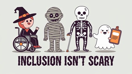 Inclusive Halloween Illustration Featuring Diverse Characters with Disabilities - 'Inclusion Isn't Scary' Message GenerativeAI