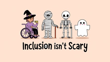 Inclusive Halloween Illustration Featuring Diverse Characters with Disabilities - 'Inclusion Isn't Scary' Message GenerativeAI