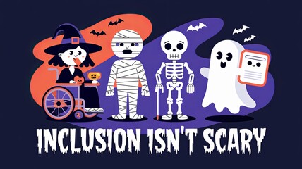 Inclusive Halloween Illustration Featuring Diverse Characters with Disabilities - 'Inclusion Isn't Scary' Message GenerativeAI