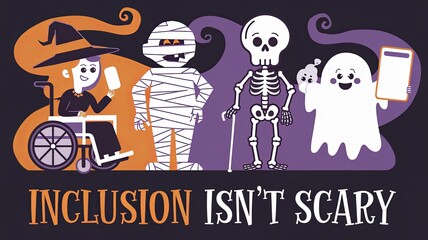 Inclusive Halloween Illustration Featuring Diverse Characters with Disabilities - 'Inclusion Isn't Scary' Message GenerativeAI