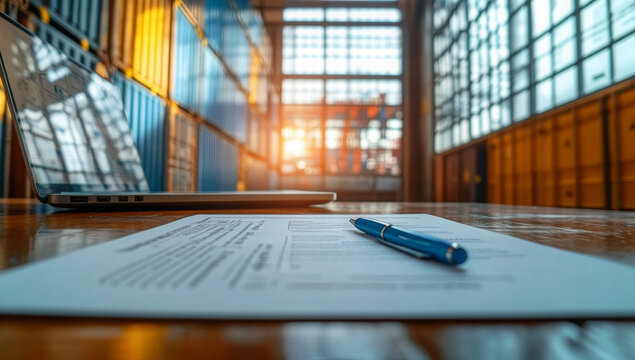 Cargo insurance policy documents on a desk, detailing coverage options and terms for shipping goods with copy space