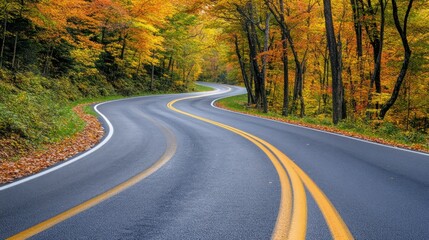 Naklejka premium Winding Asphalt Road Through Colorful Autumn Forest