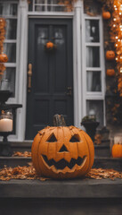 Obraz premium Halloween pumpkin in front of a main entrance of a house vertical