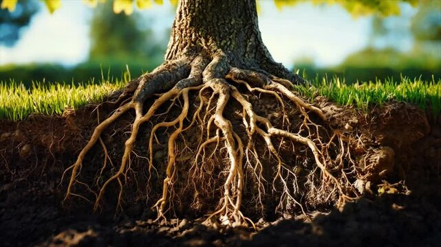tree showing its deep roots close up in rich soil with green grass Generative AI