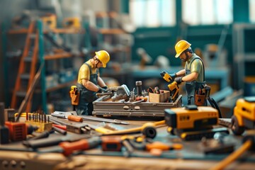 Fototapeta premium Two technicians are focused on their tasks, utilizing tools and materials at a busy repair site filled with equipment. Generative AI