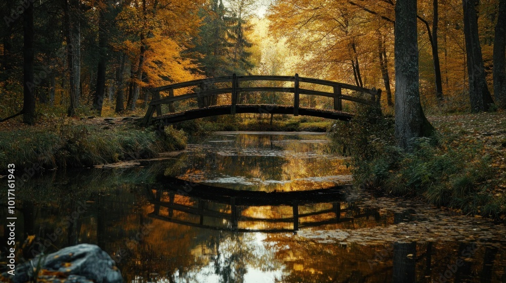 Wall mural Wooden Bridge Over Still Water in Autumn Forest