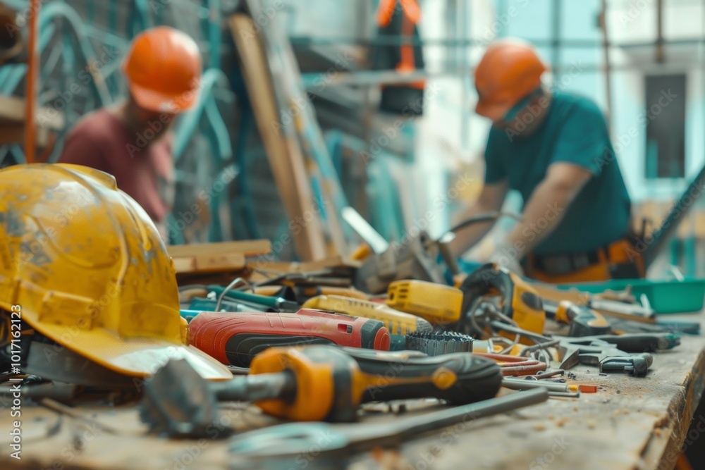 Aufkleber a dedicated repair team collaborates on a construction site, using various tools and materials to co