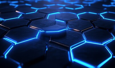 Fototapeta premium A sleek, modern honeycomb pattern with glowing blue neon lines on a dark background signaling technology and connectivity