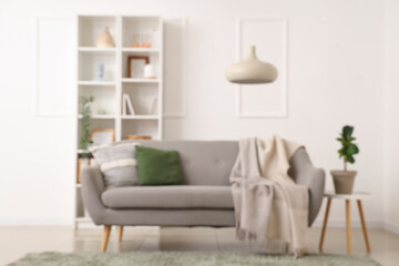 Light interior of living room with sofa and table with houseplant, blurred view